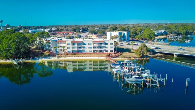 a view of a lake with a city view