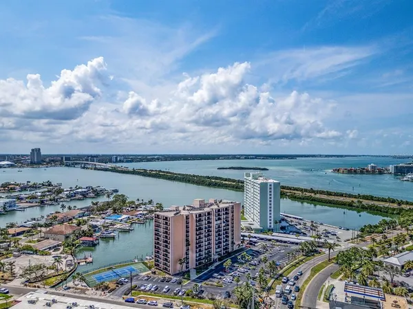 an aerial view of a pool