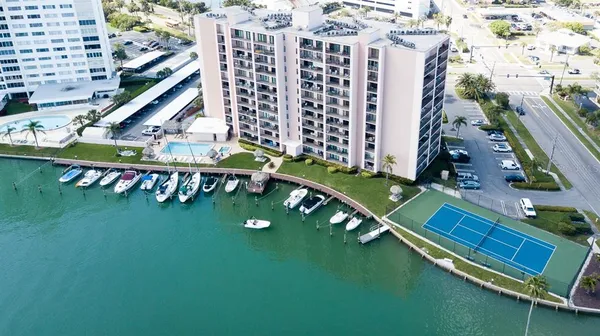 a view of a ocean with large building