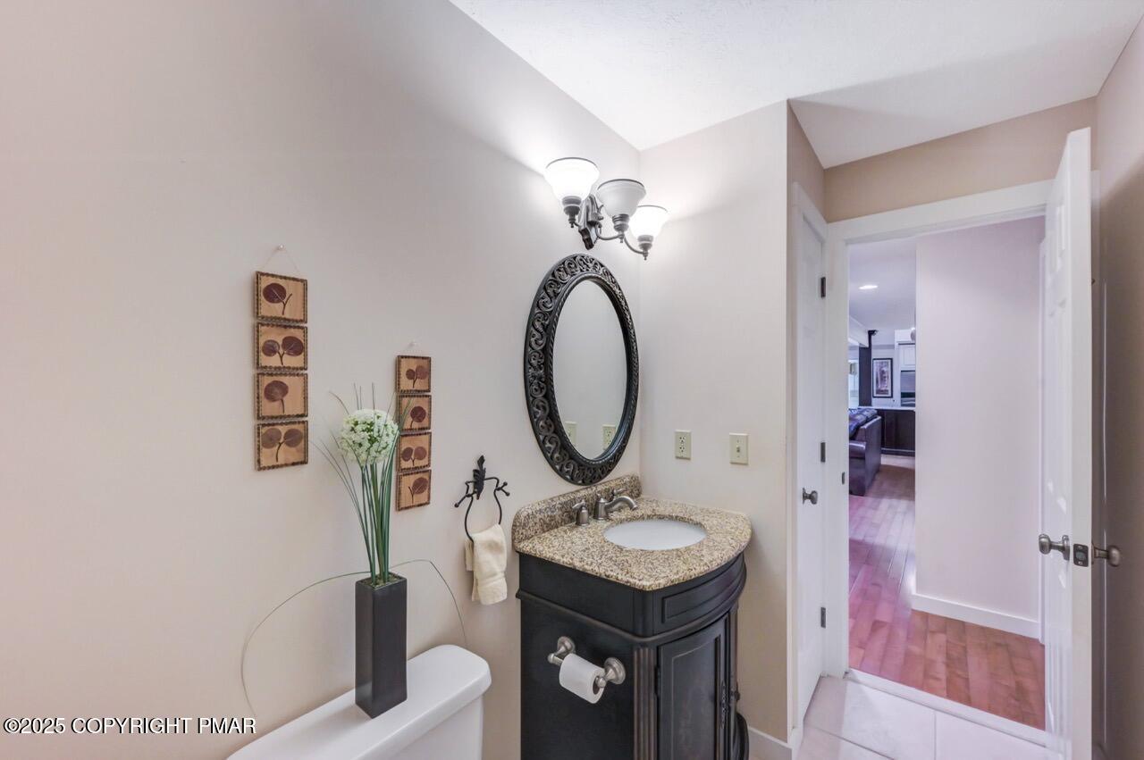 1179 Manor Hill Road Pocono Pines, PA 18350 - Photo 17 of 28 a bathroom with a toilet a sink and a mirror