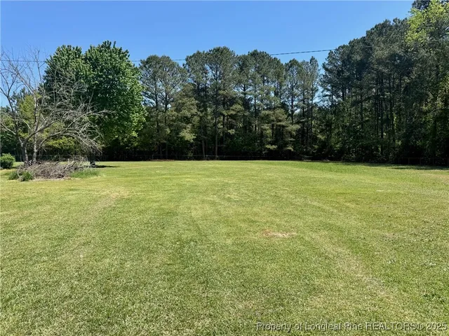 a view of a field with an trees in the background
