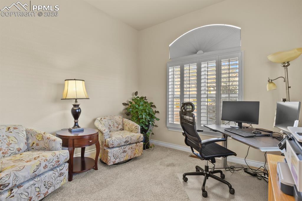 617 Concerto Drive Colorado Springs, CO 80906 - Photo 24 of 46 This room features light colored walls, newer carpeta window with plantation shutters and an arched shade