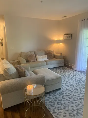 a living room with furniture and a rug