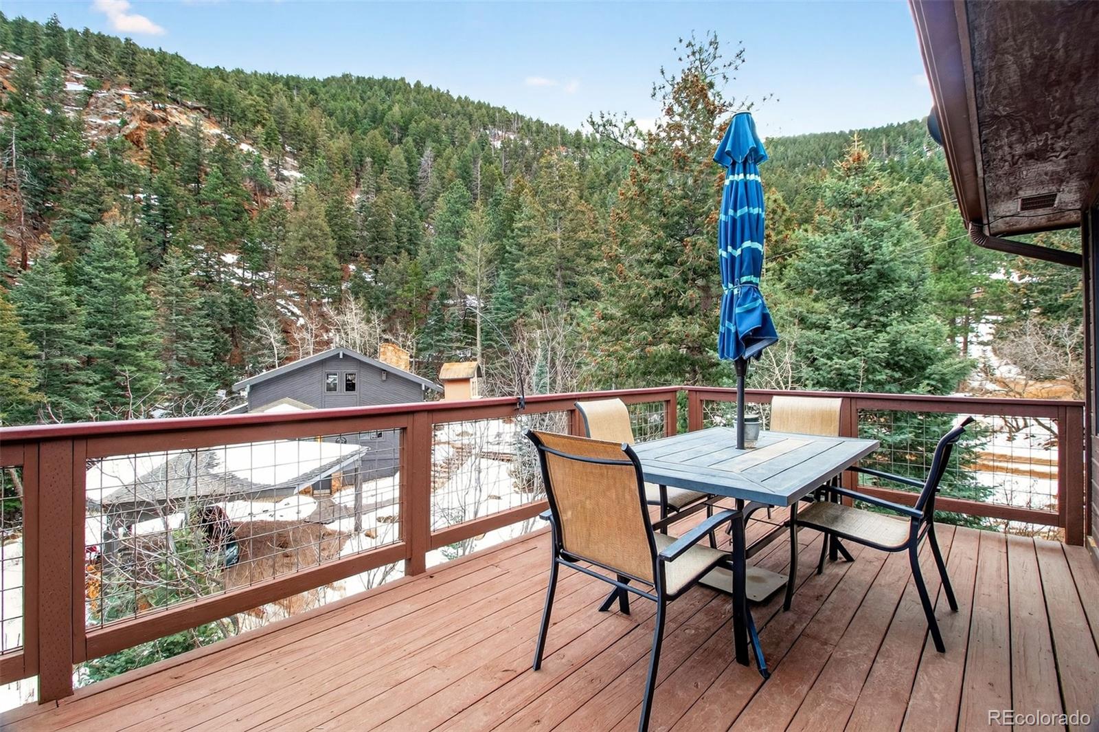 1445 Sutherland Road Manitou Springs, CO 80829 - Photo 11 of 43 a view of a balcony with table and chairs and wooden floor