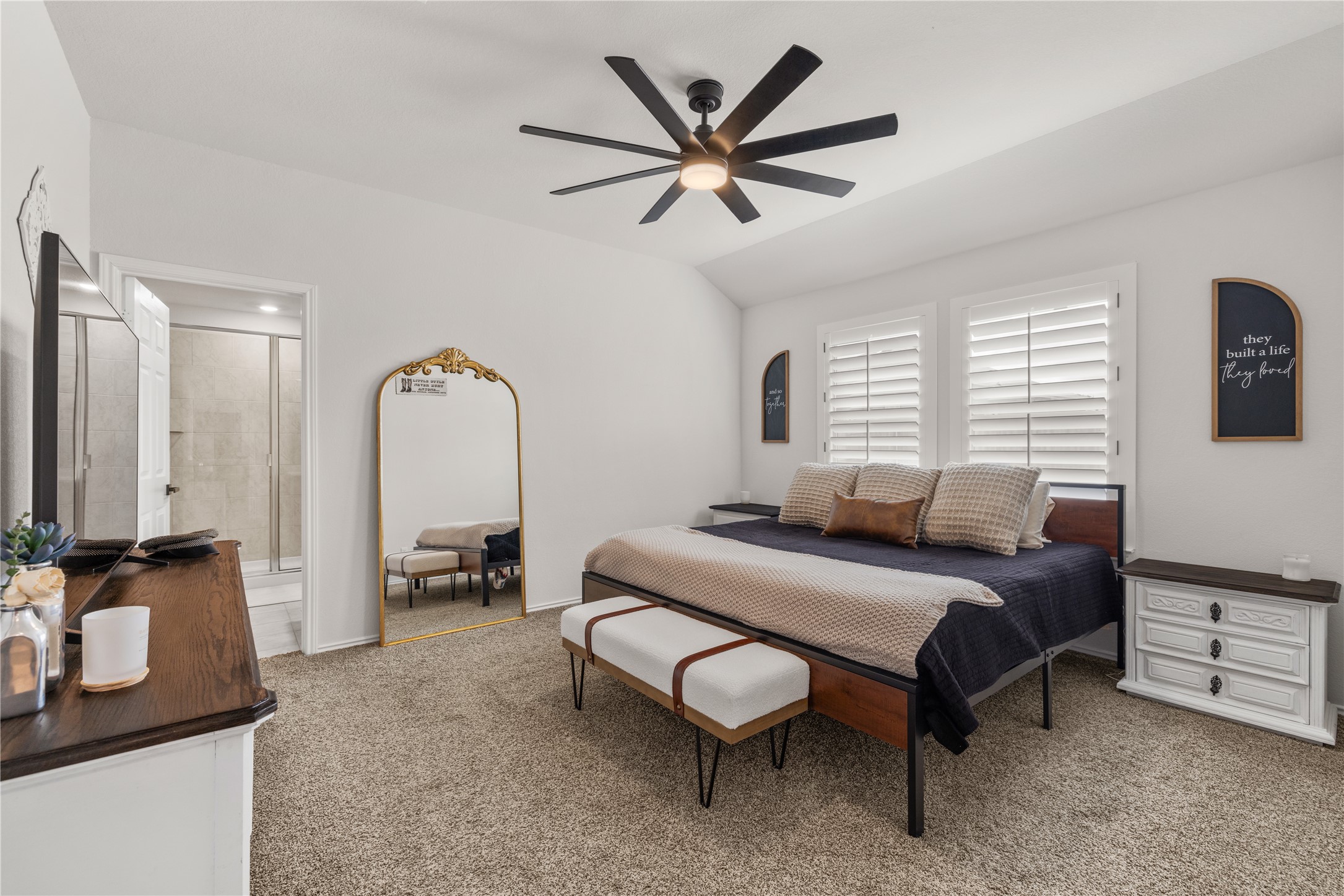 583 Taggart Trail Jarrell, TX 76537 - Photo 12 of 21 Bedroom featuring ceiling fan, light colored carpet, and lofted ceiling