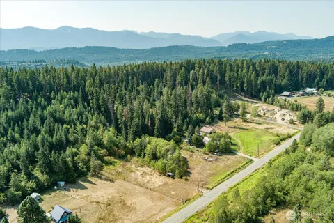a view of a lush green field with mountains in the background