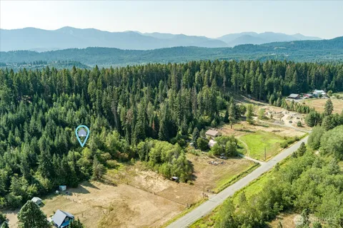 a view of a lush green field with mountains in the background