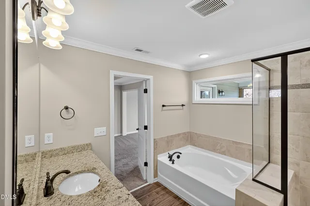 a bathroom with a granite countertop sink a mirror and shower