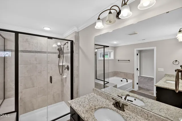 a bathroom with a granite countertop sink a bathtub and shower