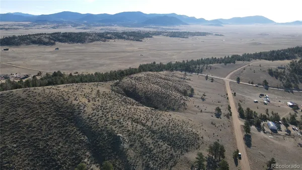 a view of a dry yard with trees