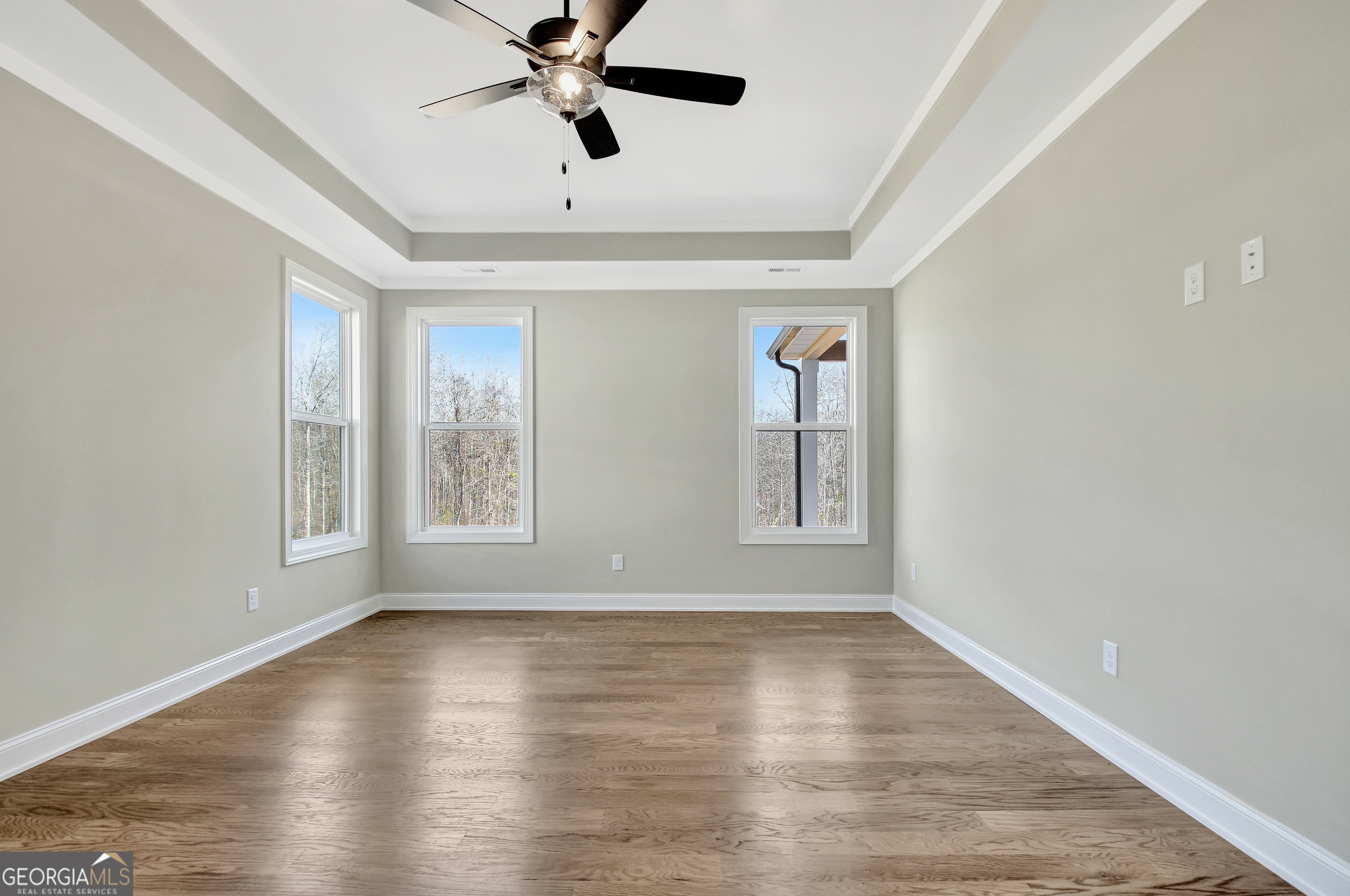 355 Werner Way Senoia, GA 30276 - Photo 48 of 118 an empty room with wooden floor fan and windows