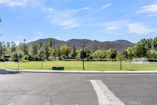 a view of green field with trees in the background