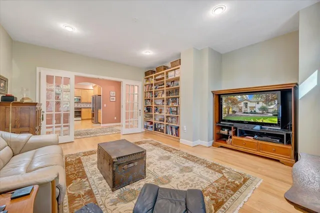 a view of a park with large trees