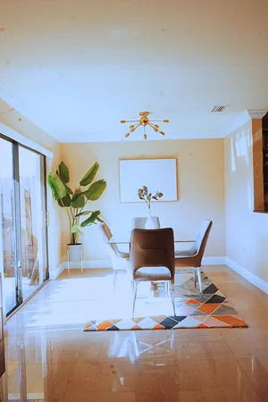 a workspace with furniture and wooden floor