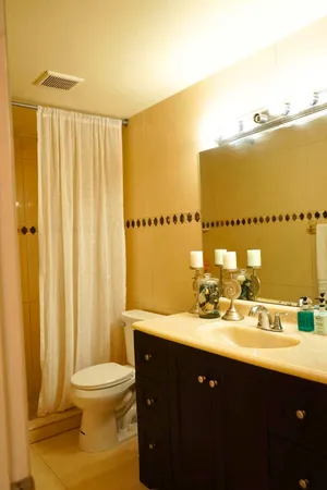 a bathroom with a double vanity sink toilet and a mirror