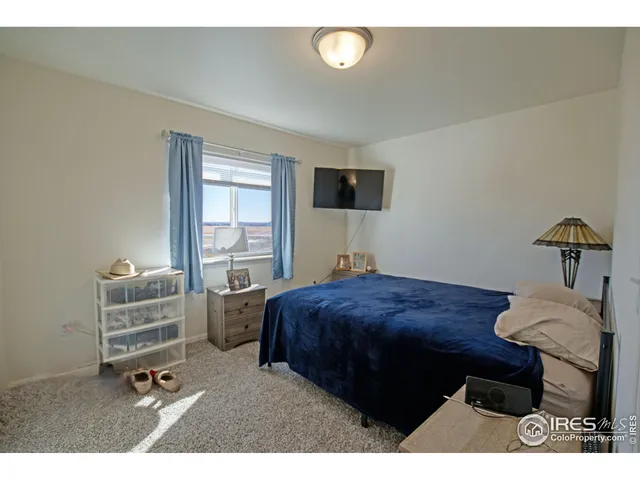 a bedroom with a bed closet and flat tv screen