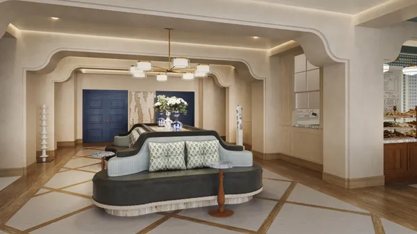 a view of a hallway with windows