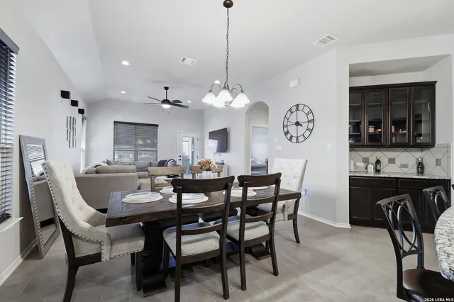 a view of a dining room with furniture