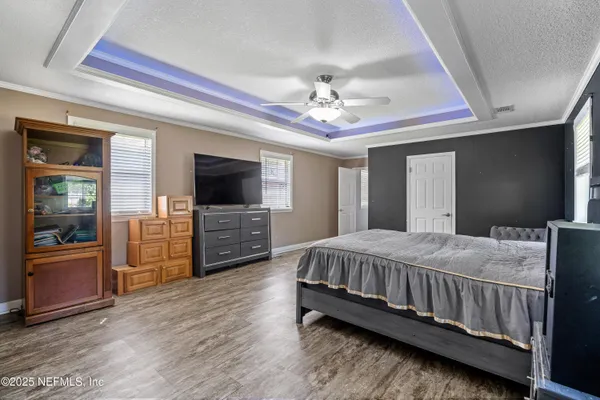 a view of a park with large trees