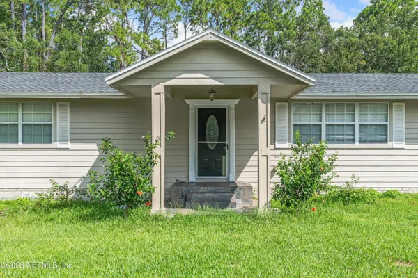 a view of a backyard with a garden and trees