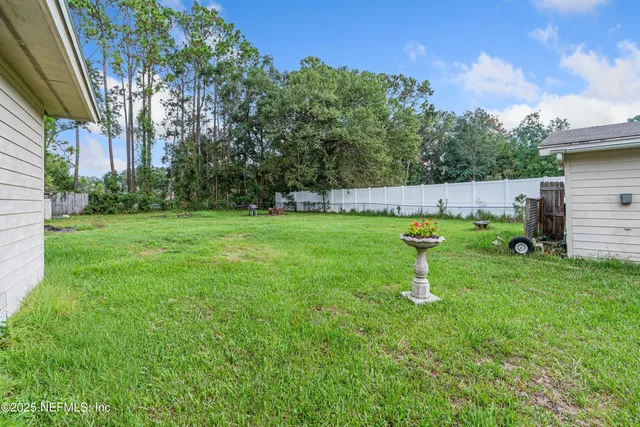 a backyard of a house with plants and large trees