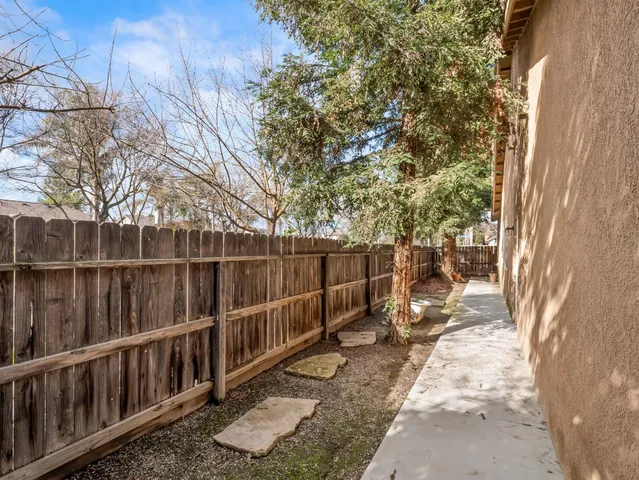 a view of a backyard with large trees and wooden fence