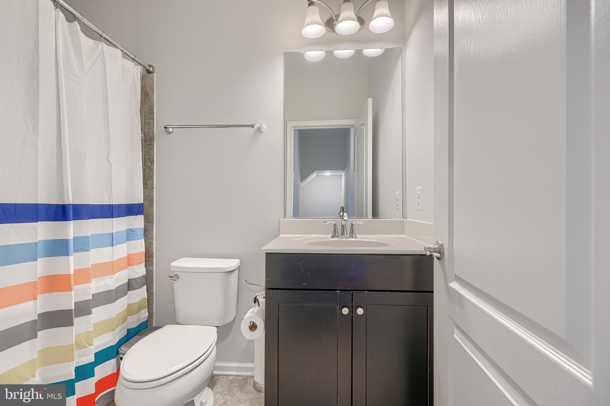 1309 Benjamin Street Baltimore, MD 21230 - Photo 39 of 60 a bathroom with a sink a toilet a mirror and shower curtain