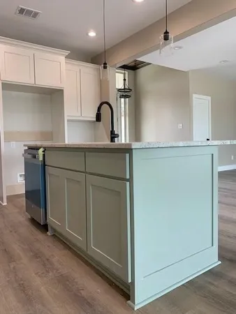 a kitchen with a sink and cabinets