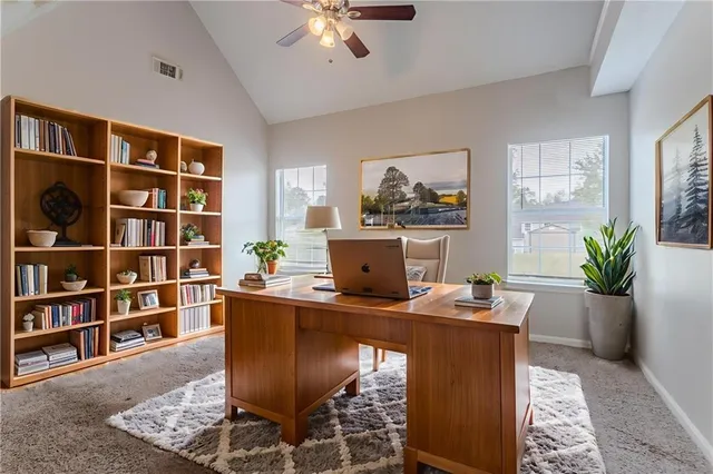 a view of a workspace with furniture and a potted plant