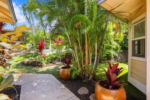 a view of backyard with plants and outdoor seating