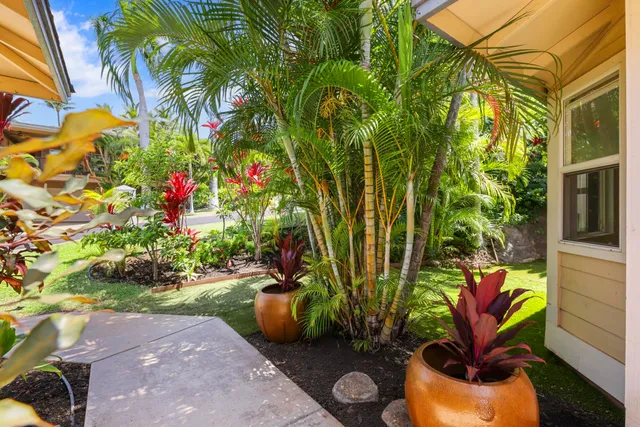 a view of backyard with plants and outdoor seating