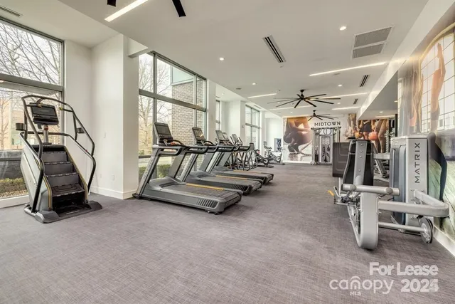 a living room with lots of furniture and a gym equipment