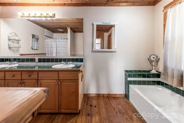 a bathroom with a granite countertop sink a bathtub and vanity
