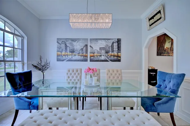 a view of a dining room with furniture