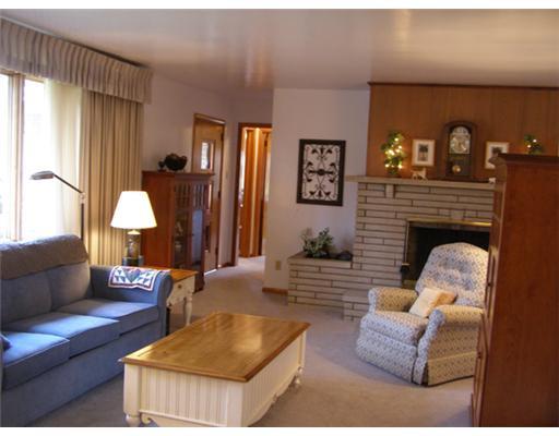 Living Room. The homey,large living room boasts a gas log raised fireplace,newer carpet,fresh paint and a sunny disposition.