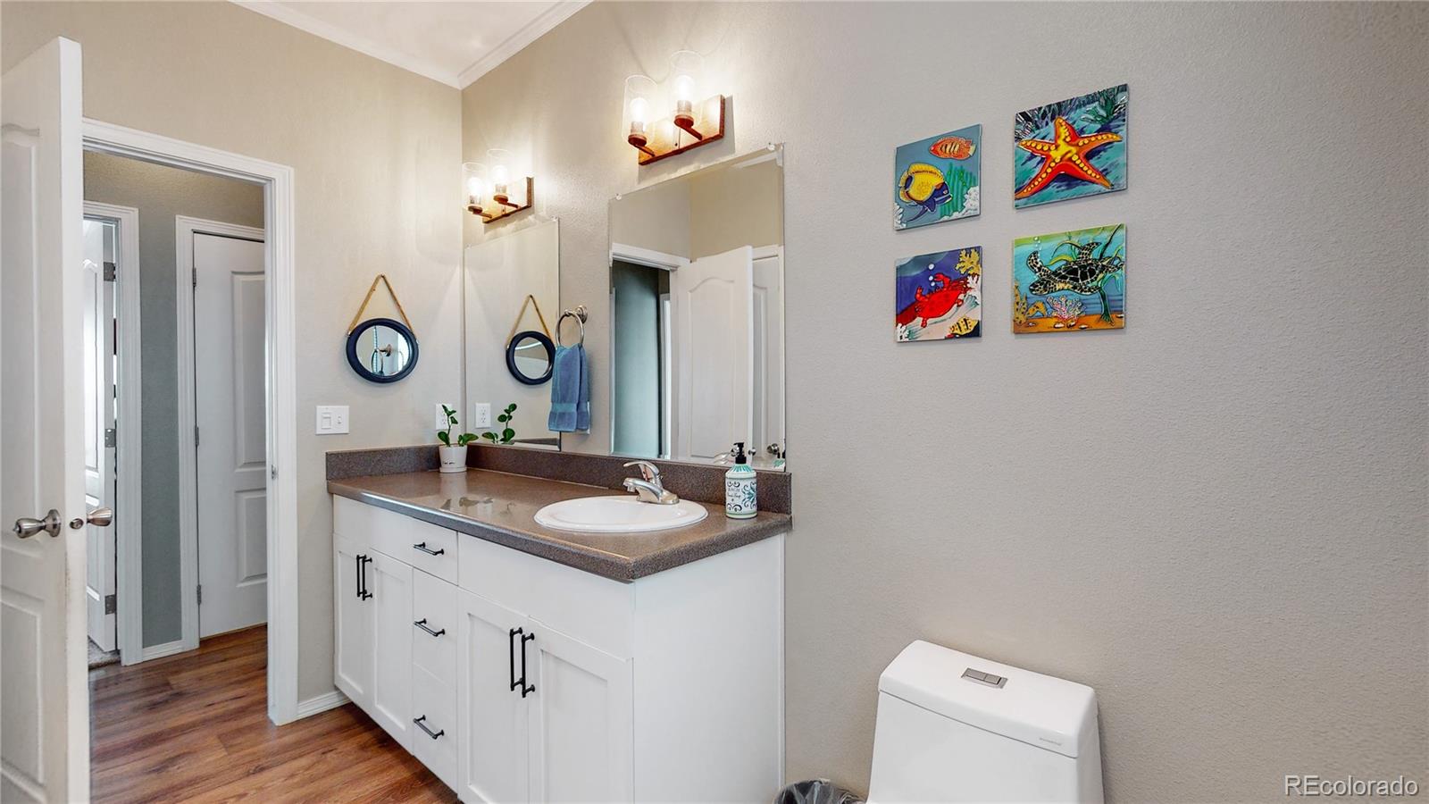 4038 Meadowlark Road Fort Lupton, CO 80621 - Photo 18 of 40 a bathroom with a sink a mirror and a painting on the wall