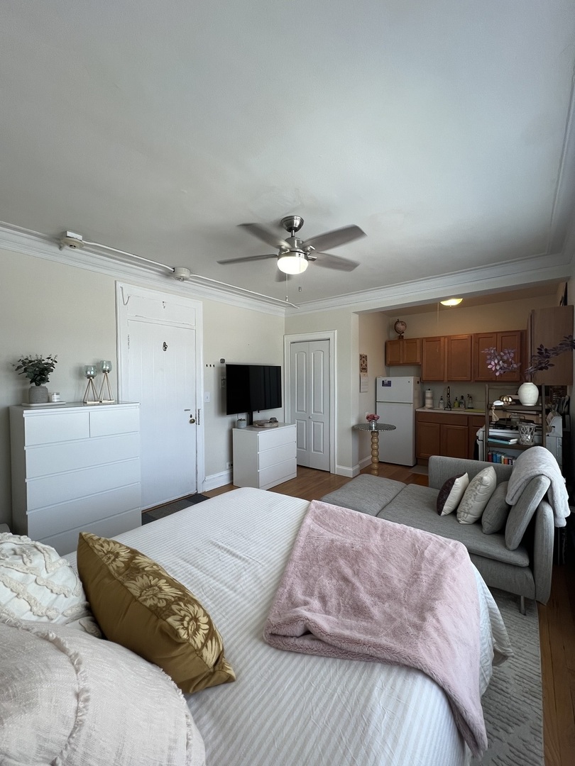 918 Green Bay Road, Unit 3J Winnetka, IL 60093 - Photo 5 of 14 a bedroom with a bed and a large mirror with a dresser