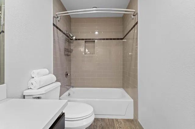 a bathroom with a toilet and a bathtub