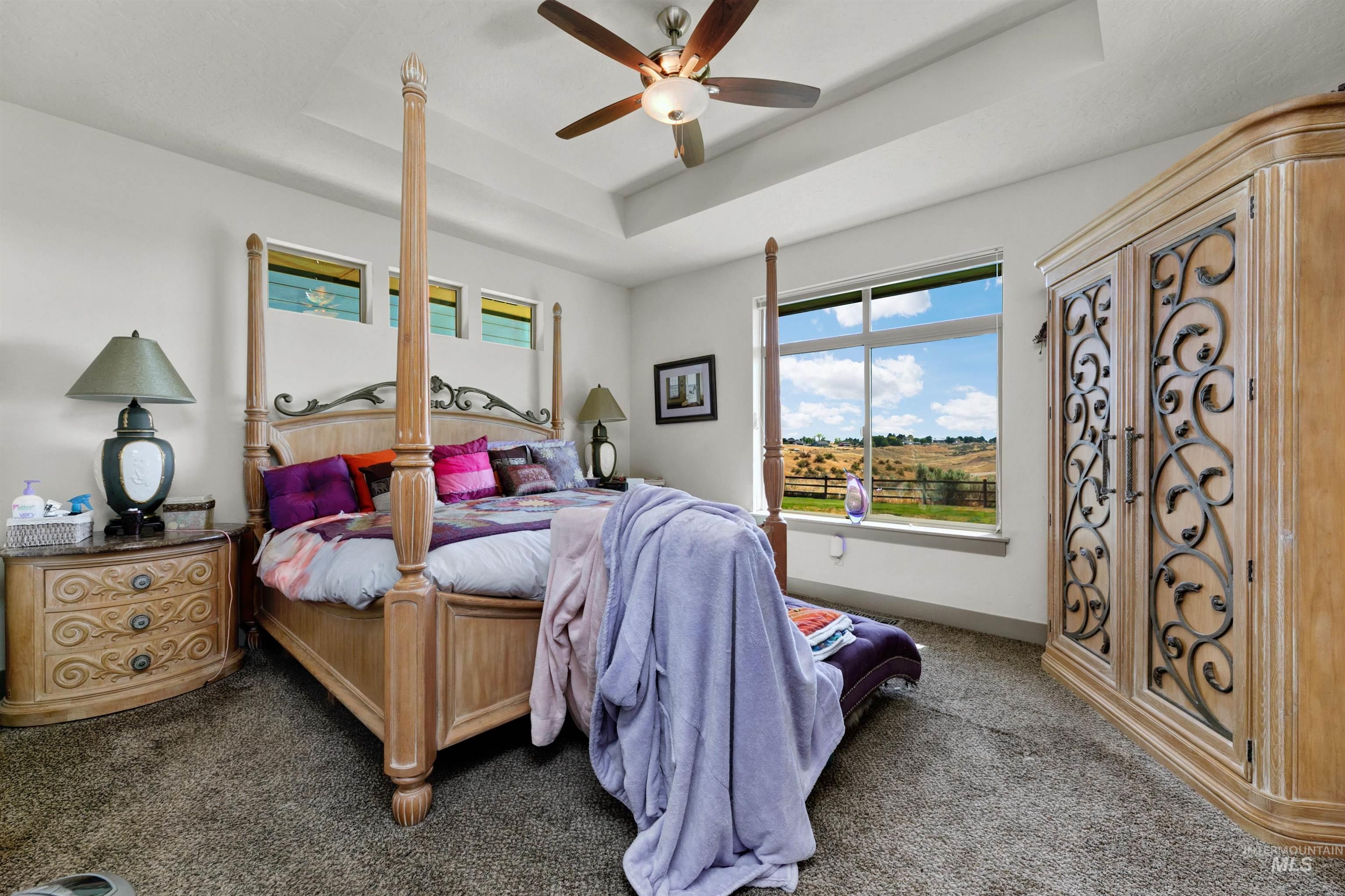 24398 Tombstone Ridge Court Middleton, ID 83644 - Photo 16 of 47 Spacious room featuring a tray ceiling, ceiling fan, and large picture window providing expansive outdoor scenery