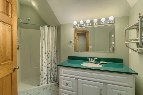 a bathroom with a sink a mirror and a shower