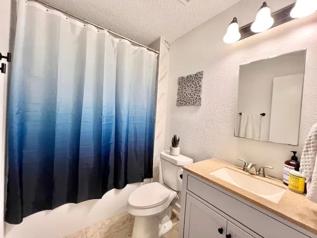 a bathroom with a sink a toilet and shower curtain