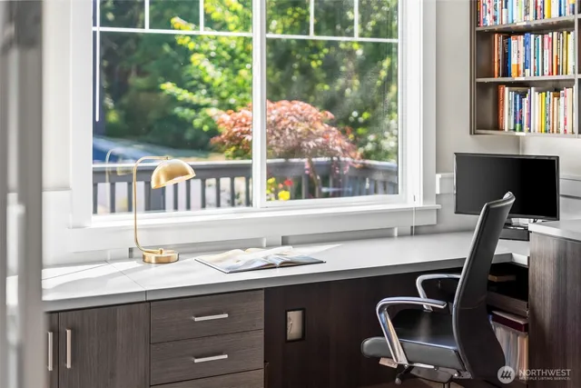 a dining room with a window