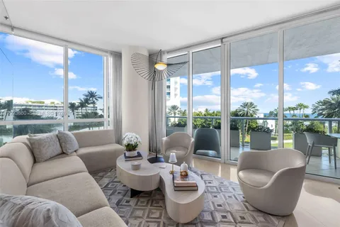 a living room with furniture city view and large windows