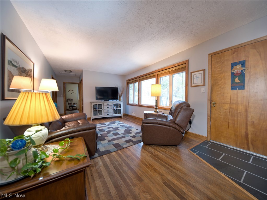 9696 Thwing Road Chardon, OH 44024 - Photo 20 of 35 Living room featuring a textured ceiling and dark hardwood /hardwood floors