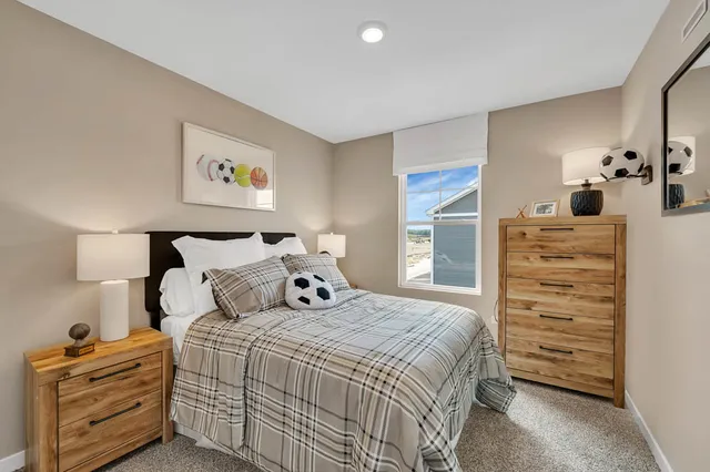 a bedroom with a bed and furniture