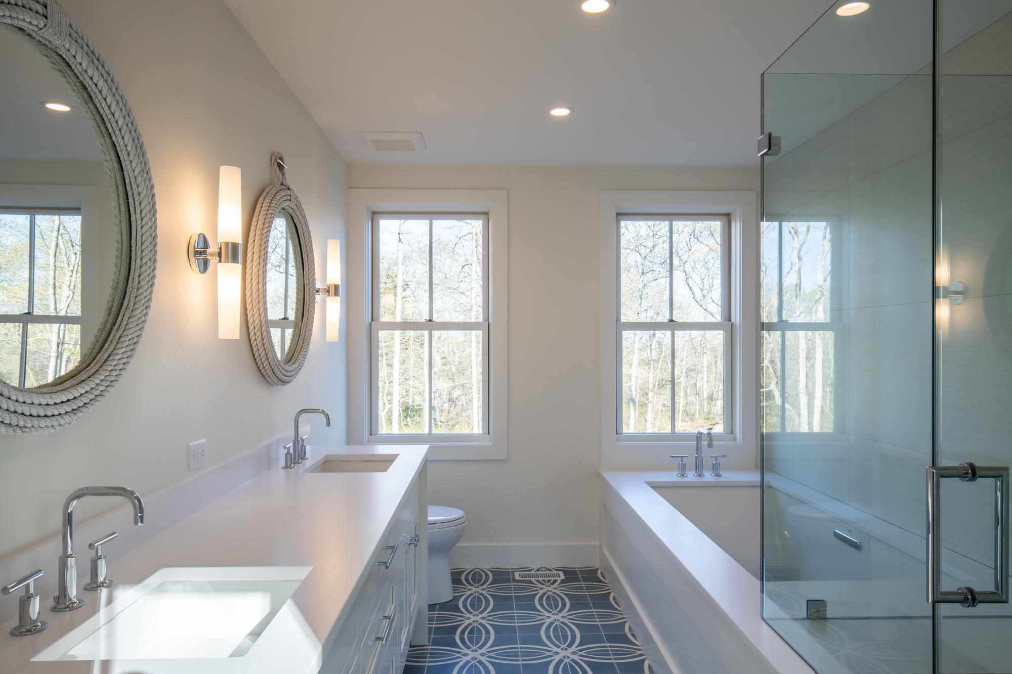 25 Luce Farm Road West Tisbury, MA 02568 - Photo 17 of 26 a bathroom with a granite countertop tub sink and mirror