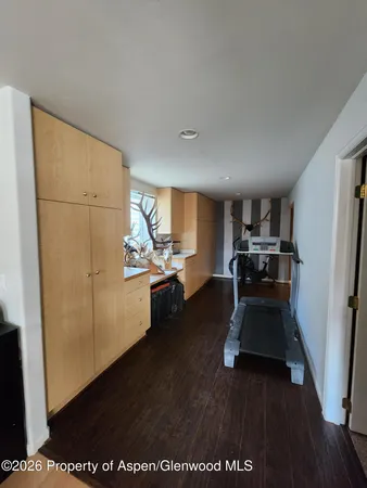 a kitchen with refrigerator and window