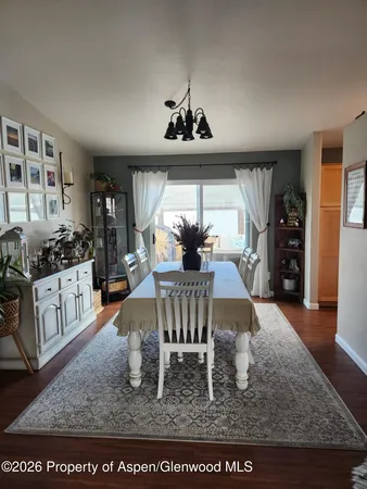 a view of a dining room with furniture