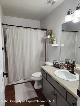 a bathroom with a sink a toilet and shower curtain