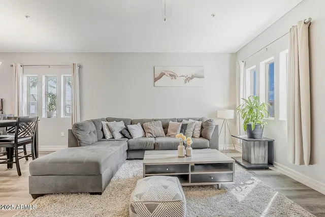 a living room with furniture and a potted plant